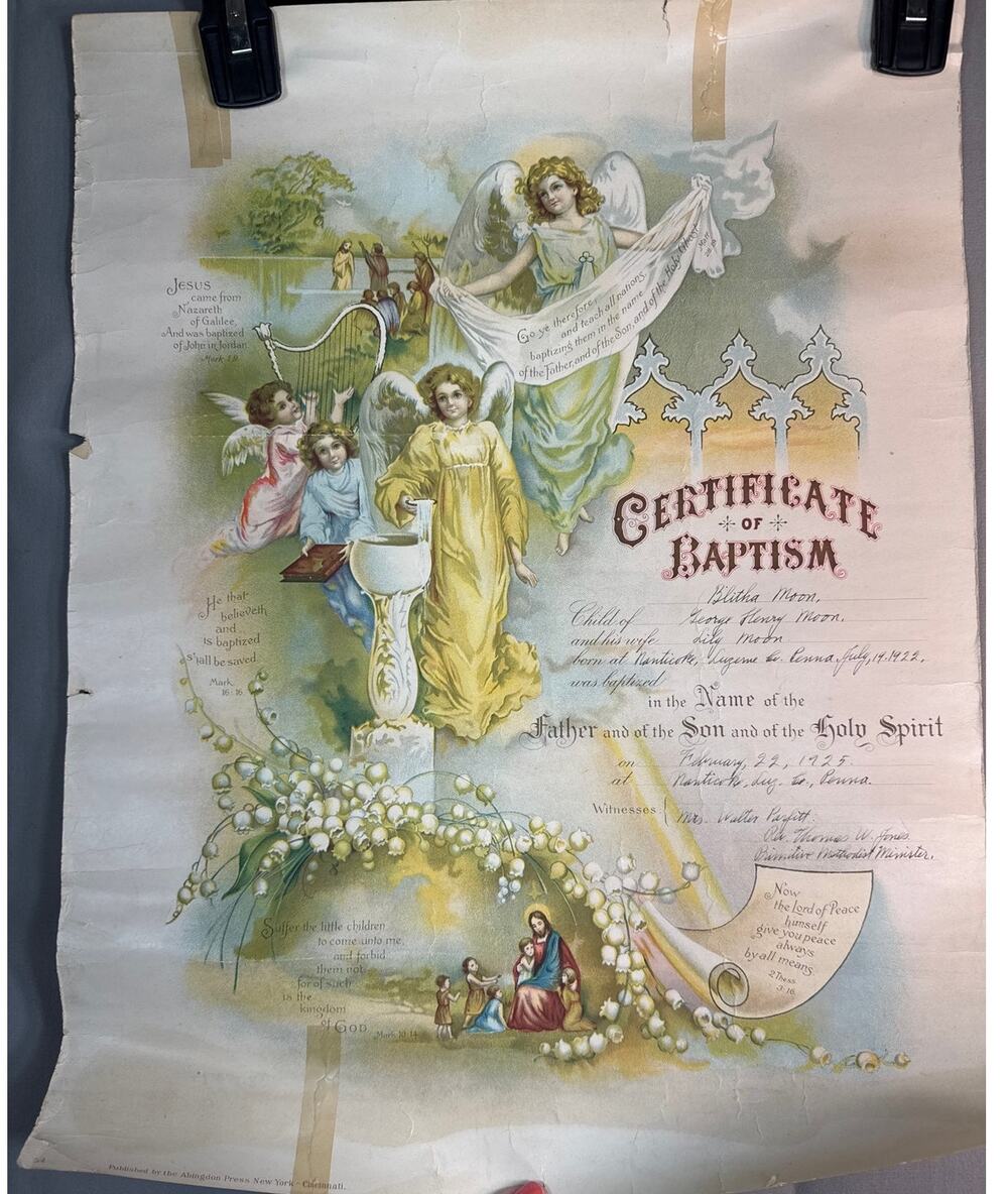 18 x14” Baptismal Certificate 1925 Antique Paper